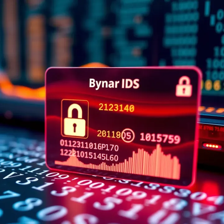 Digital binary ID card displaying encoded data with security elements