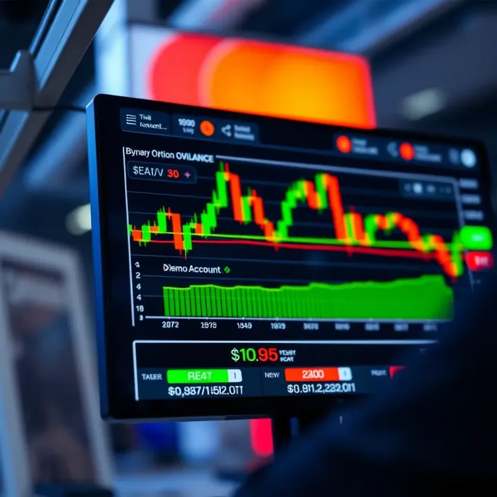 Digital interface displaying binary options trading chart with clear indicators and a demo account balance