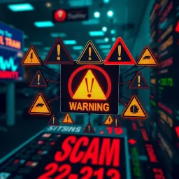 Visualizing Common Binary Scam Techniques and Warning Signs Digital representation of fraudulent binary trading schemes with warning symbols