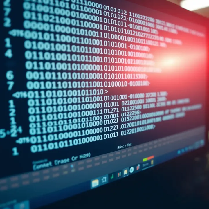 Diagram showing binary code translating into readable text on a computer screen