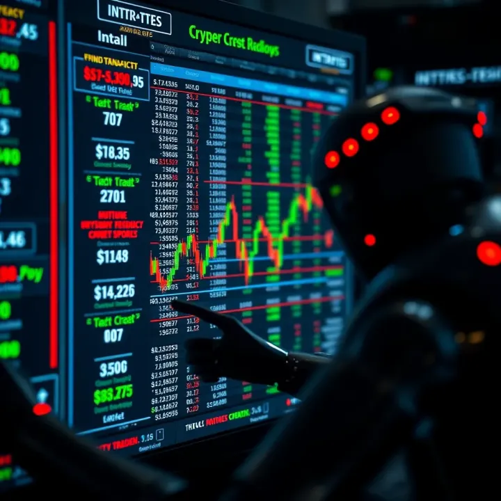 Digital interface showing automated cryptocurrency transactions and algorithmic trading data