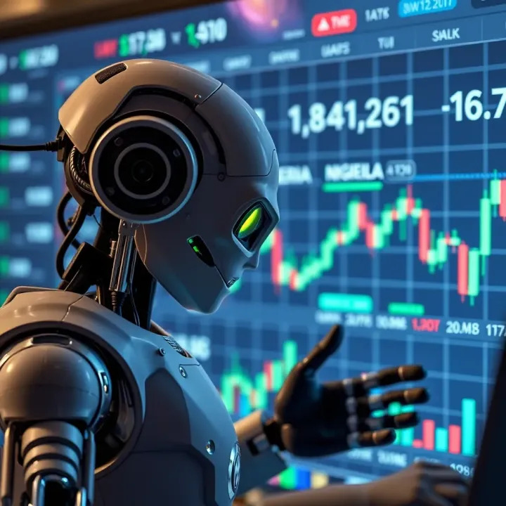 Conceptual graphic of a robot analyzing market charts alongside Nigerian currency symbols