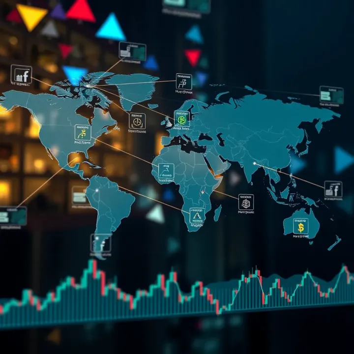 Network Overview of Global Cryptocurrency Exchanges Diagram illustrating global cryptocurrency exchange networks with interconnected digital wallets and market charts
