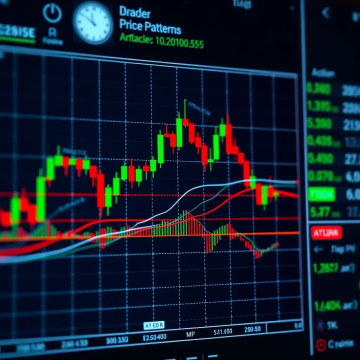 Chart showing different types of price action patterns such as triangles and flags on a candlestick graph