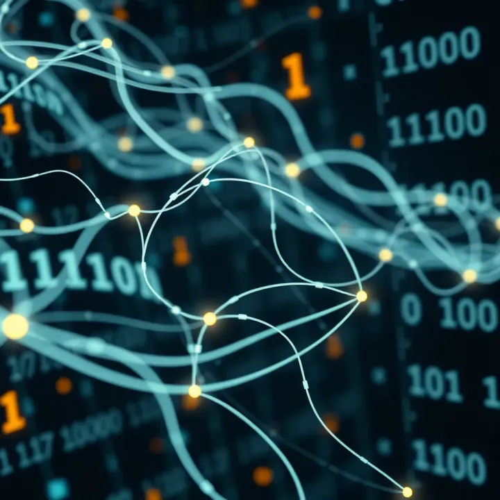 Illustration showing binary digits flowing through digital circuits symbolizing data transmission on the internet